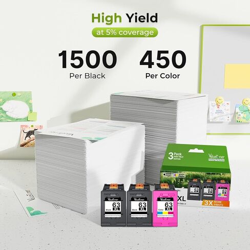 خراطيش حبر 63XL باللون الأسود واللون 3 عبوات بديلة لحبر HP 63 XL HP63XL لـ HP Envy 4520 4512 Officejet 3830 4650 4655 5252 5255 5255 5258 Deskjet 1112 2130 2132 3630 3632 (2 أسود، 1 لون) in Kuwait