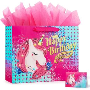 BeiLaad Unicorn Happy Birthday Gift Bag with Greeting Card and Tissue Paper, Birthday Gift Bags for Kids Girls Medium in Saudi Arabia