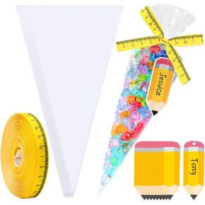 JANYUN 50 Pack Back to School Cone Shaped Bags 7 x 15 Inch Clear Cellophane Treat Bags with Pencil Gift Tags Ruler Ribbon for Treats Popcorn Candy Classroom Party Favor in Kuwait