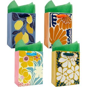 BIUBIU Floral Gift Bags 4 Pack 7"x4"x9" Small Size with Tissue Paper, 4 Assorted Flower Themed Patterns for Birthday, Wedding, Appreciation & Bridal Showers in Saudi Arabia