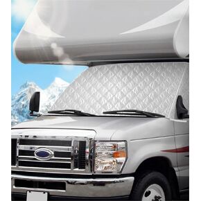 RV Windshield Cover for Ford E450,E350,E250,Econoline,Club Wagon 1997-2025 Motorhome, Class C RV Front Window Sunshade for UV Protection & Privacy Shield, White with Mirror Cutouts in Saudi Arabia