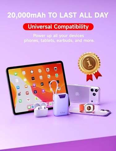 M2 Portable Charger, 20000mAh Power Bank, PD 35W Ultra Fast USB-C Built-in Cable, Compact Cute Mini External Battery Pack for iPhone, Samsung, Android iPad (Pink) in Saudi Arabia