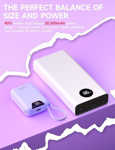 M2 Portable Charger, 20000mAh Power Bank, PD 35W Ultra Fast USB-C Built-in Cable, Compact Cute Mini External Battery Pack for iPhone, Samsung, Android iPad (Pink) in Saudi Arabia