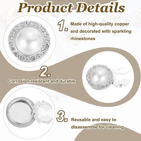 PATIKIL 6 Pcs Rhinestone Button Covers Decorative Clips with 10 Pcs White Sewing Buttons Detachable Pearl Sewing Replacement for Women Men DIY Crafts Accessories Style 2(White/Silver) in Kuwait