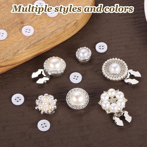 PATIKIL 6 Pcs Rhinestone Button Covers Decorative Clips with 10 Pcs White Sewing Buttons Detachable Pearl Sewing Replacement for Women Men DIY Crafts Accessories Style 2(White/Silver) in Kuwait