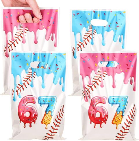 ADARRO 30PCS 6 7 Party Favor Bags, Goodie Candy Treat Bags for Six Seven Theme Birthday Party Decoration with Baseball Donut Pink and Blue Design in Saudi Arabia