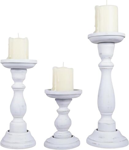 Mela Artisans Matte White Hand Carved Wooden Pillar Candle Holders - Set of 3 | Willow Decorative Style | Crafted from Mango Wood | Rustic Table Centerpiece Decor | Sized 6", 9" and 12" in Saudi Arabia