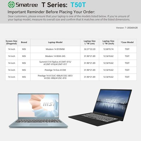 حافظة كمبيوتر محمول Smatree T50T صلبة مقاس 14 بوصة متوافقة مع MSI Modern 14 B10MW وMSI Summit E14 FlipEvo A12MT-015/A12MT-016/A12MT-017 in Kuwait