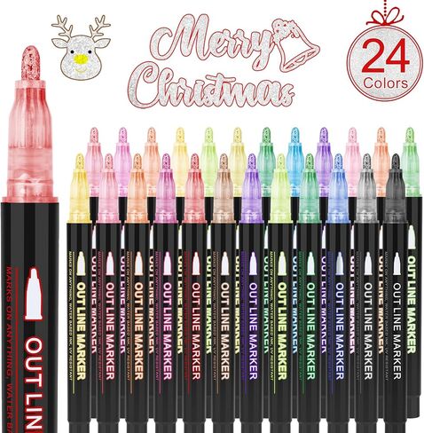 OLINGYOU Outline Markers, 12 Colors Shimmer Markers Set, Self Outline Metallic Outline Marker Pen Set for Art, Drawing, Doodling, Card Making, Greeting Cards, DIY Crafts in Saudi Arabia