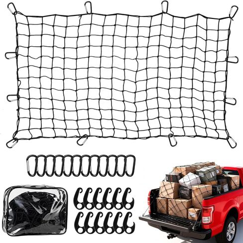 Truck Bed Cargo Net - 4' x 6' Stretches to 8' x 12', Heavy Duty Pickup Truck Bed Cargo Netting, Latex Bungee Net Mesh with Storage Bag, 12 Metal Carabiners, 12 ABS hooks for SUV, Trailer, Roof Rack in Saudi Arabia