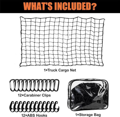 Truck Bed Cargo Net - 4' x 6' Stretches to 8' x 12', Heavy Duty Pickup Truck Bed Cargo Netting, Latex Bungee Net Mesh with Storage Bag, 12 Metal Carabiners, 12 ABS hooks for SUV, Trailer, Roof Rack in Saudi Arabia