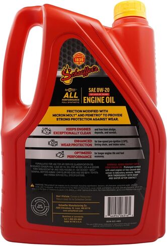 شركة شيفر للتصنيع 6020-006S SynShield زيت محرك بنزين صناعي كامل الأداء 0W-20 للمحركات الجديدة والعالية الأميال، زجاجة سعة 1 جالون in Kuwait