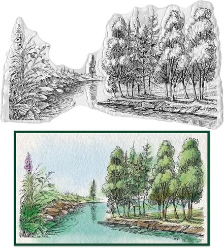 Trees Background Clear Stamps for Card Making, Forest River Rubber Stamps Natural Scenery Transparent Stamp Seal for Crafting DIY Scrapbooking Photo Album Decorations in Kuwait