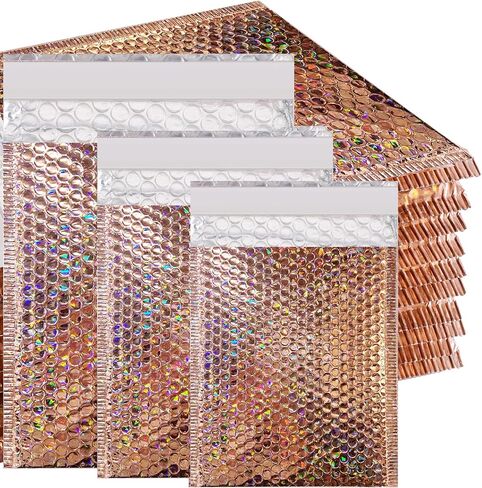 50 Pcs Metallic Bubble Mailers,Holographic Bubble Mailers,Poly Padded Envelopes,Waterproof Self Seal Adhesive Shipping Bags,Holographic Envelopes for Mailing,Packing,Small Business,Thicken (Rose Gold) in Saudi Arabia