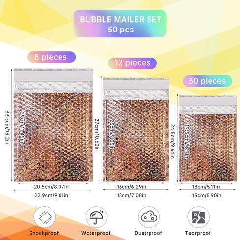 50 Pcs Metallic Bubble Mailers,Holographic Bubble Mailers,Poly Padded Envelopes,Waterproof Self Seal Adhesive Shipping Bags,Holographic Envelopes for Mailing,Packing,Small Business,Thicken (Rose Gold) in Saudi Arabia