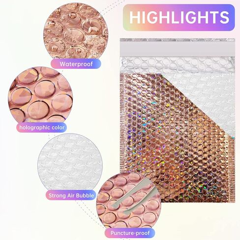50 Pcs Metallic Bubble Mailers,Holographic Bubble Mailers,Poly Padded Envelopes,Waterproof Self Seal Adhesive Shipping Bags,Holographic Envelopes for Mailing,Packing,Small Business,Thicken (Rose Gold) in Saudi Arabia