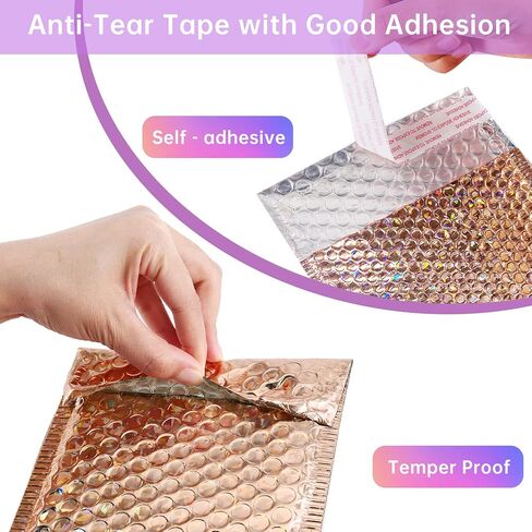 50 Pcs Metallic Bubble Mailers,Holographic Bubble Mailers,Poly Padded Envelopes,Waterproof Self Seal Adhesive Shipping Bags,Holographic Envelopes for Mailing,Packing,Small Business,Thicken (Rose Gold) in Saudi Arabia