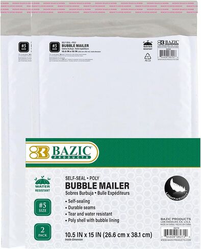 BAZIC Products 10.5in x 15in (#5) Poly Bubble Mailer, 2 Count, for Mailing Office Home in Kuwait