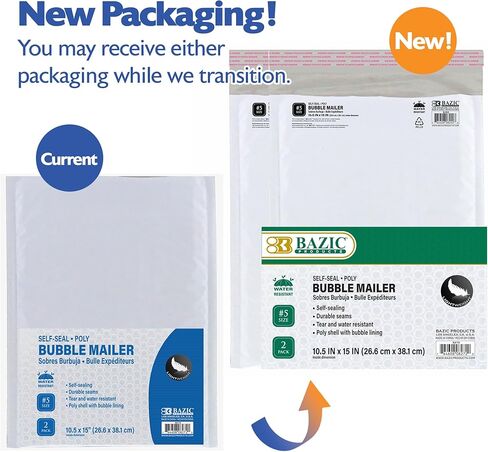 BAZIC Products 10.5in x 15in (#5) Poly Bubble Mailer, 2 Count, for Mailing Office Home in Kuwait