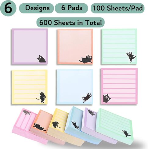 Black Cat Post It Notes 3x3,6 Pads,600 Sheets,Cute Sticky Notes for Office School Clasroom Homeschool Must Have,To Do List Notepad,Gifts for Teacher Employee Student Nurse,Stationery Supplies in Saudi Arabia