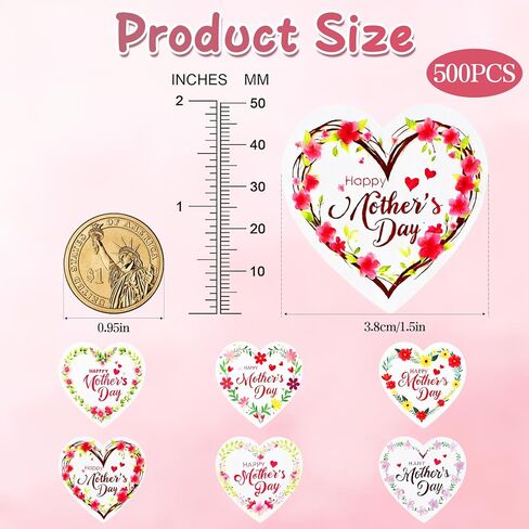 Happy Mothers Day Stickers(1.5 Inch) for Kids 500 PCS Mother's Day Mom Roll Flower Stickers Bulk Cute Pink Red Floral Heart Sticker Labels for Envelope Gifts Wrap Party Favors Supplies Decorations in Saudi Arabia