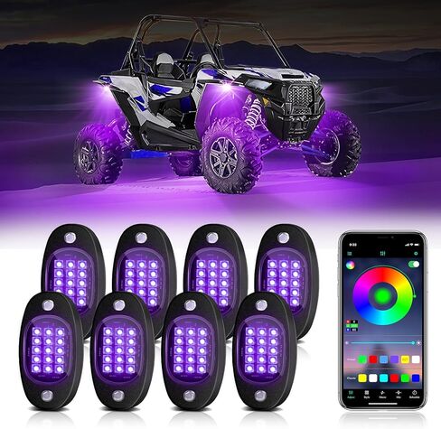 طقم 4 Pods RGB LED Rock Lights مع التحكم في التطبيق، متعدد الألوان بزاوية 175 درجة أضواء السيارة تحت التوهج للشاحنات، وضع الموسيقى المقاوم للماء، أضواء النيون السفلية للملحقات الخارجية للسيارات in Saudi Arabia