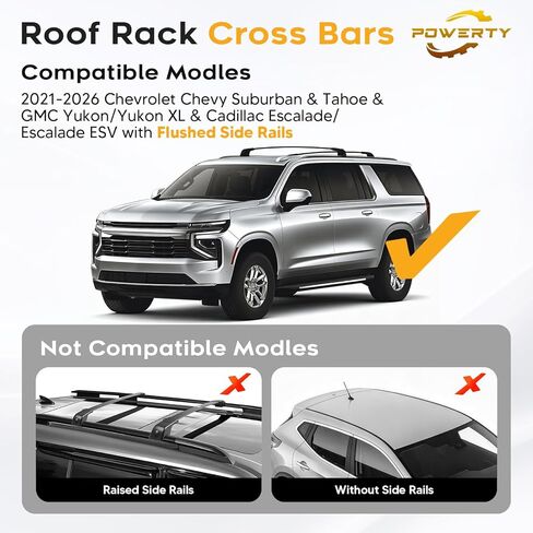 قضبان متقاطعة لرف السقف Powerty 300LBS لـ 2021-2026 Chevy Suburban & Tahoe & GMC Yukon XL & Cadillac Escalade ESV مع سياج جانبي متدفق، حامل العارضة الألومنيوم القابل للقفل وقضبان سقف الأمتعة على السطح in Kuwait