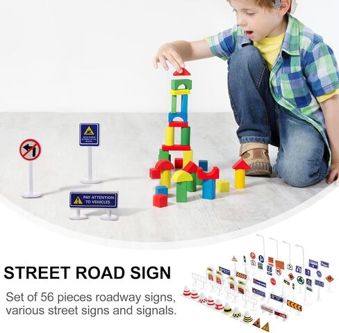 Sewroro 56pcs لعبة إشارة المرور ومجموعة ألعاب Roadblock للأطفال، مجموعة لعب لافتات الطرق الصغيرة للتعلم في مرحلة الطفولة المبكرة ولعب الأدوار in Kuwait