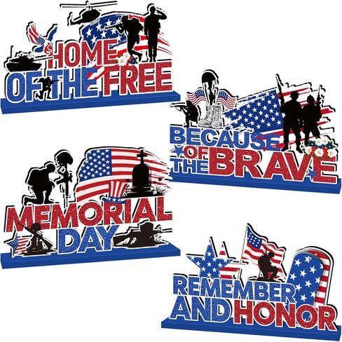 4Pcs Memorial Day Decorations Wooden Table Centerpiece Remember and Honor Memorial Day Table Decorations Patriotic Themed Tabletop Tiered Tray Decor for Veterans Day 4th of July Party Supplies in Saudi Arabia