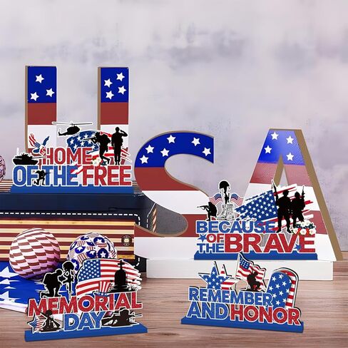 4Pcs Memorial Day Decorations Wooden Table Centerpiece Remember and Honor Memorial Day Table Decorations Patriotic Themed Tabletop Tiered Tray Decor for Veterans Day 4th of July Party Supplies in Saudi Arabia