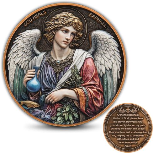 Archangel Raphael Healing Light Challenge Coin with Prayer and Acrylic Case – Zinc Alloy Christian Pocket Coin for Healing, Peace, and Strength – Religious Collectible Gift in Saudi Arabia