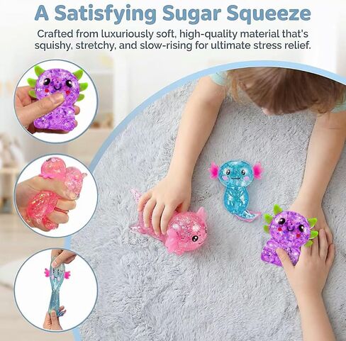 3 Pack Axolotl Squishy Toys, Squeeze Stress Balls Fidget Bulk Set, Soft Sugar Stress Squishy Balls Relief Sensory Toys for Kids, Boys & Girls, Party Favors & Easter Basket Filled(Pink, Purple, Blue) in Saudi Arabia