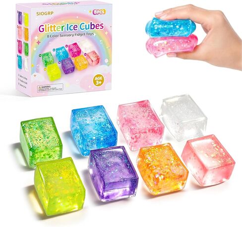 8 Pack Glitter Ice Cube Sensory Fidget Toys for Kids and Adults, Colorful Squeeze Stress Relief Party Favors in Saudi Arabia