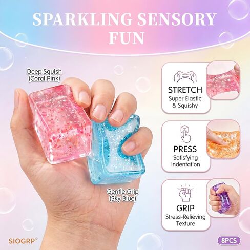 8 Pack Glitter Ice Cube Sensory Fidget Toys for Kids and Adults, Colorful Squeeze Stress Relief Party Favors in Saudi Arabia