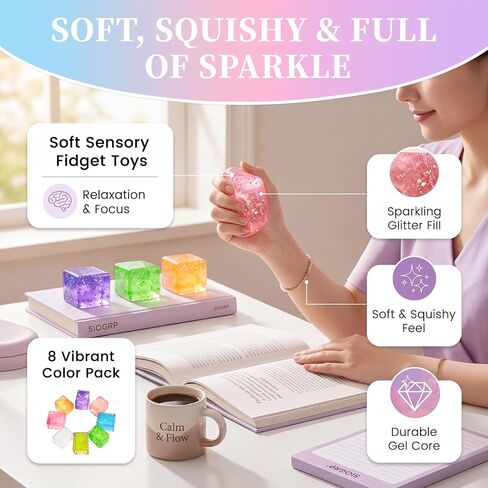 8 Pack Glitter Ice Cube Sensory Fidget Toys for Kids and Adults, Colorful Squeeze Stress Relief Party Favors in Saudi Arabia