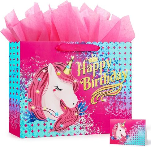 BeiLaad Unicorn Happy Birthday Gift Bag with Greeting Card and Tissue Paper, Birthday Gift Bags for Kids Girls Medium in Saudi Arabia