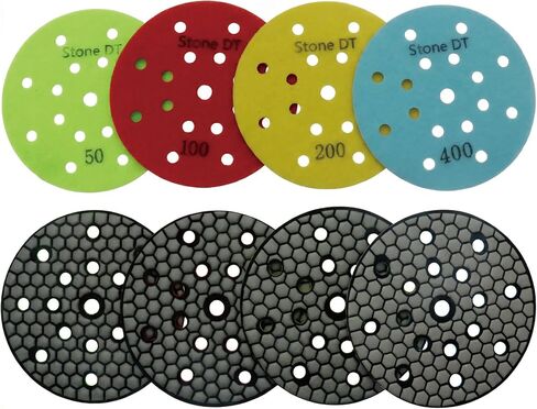 6 Inch Dry Diamond Polishing Pads Set, 17 Hole Buffing Discs Hook and Loop backing for Granite Marble Stone Countertop Sanding Pads, Grit 50/100/200/400, 4PCS in Saudi Arabia