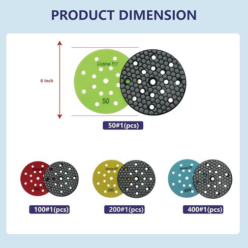 6 Inch Dry Diamond Polishing Pads Set, 17 Hole Buffing Discs Hook and Loop backing for Granite Marble Stone Countertop Sanding Pads, Grit 50/100/200/400, 4PCS in Saudi Arabia