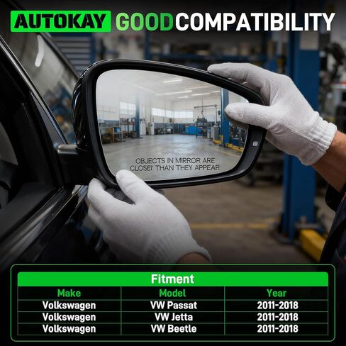 زجاج مرآة الجانب الأيمن للراكب من AUTOKAY مع تسخين كهربائي يناسب سيارة Volkswagen VW Passat Jetta Beetle 2011-2018، استبدال مرآة الرؤية الخلفية الخارجية لجانب الركاب مع لوحة دعم in Kuwait