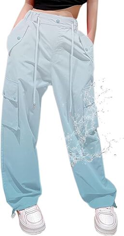 Cromoncent Girls Casual High Waist Parachute Pants Y2K Cargo Trousers with Pockets for Girls, 1#purple, 9-10 Years = Tag 150 in Kuwait