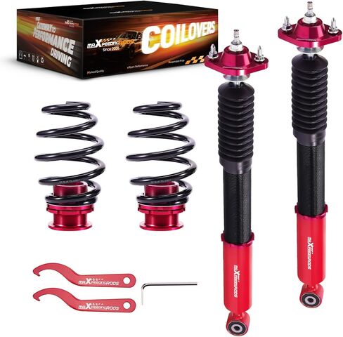 maxpeedingrods قطعتان من اللفائف الخلفية لسيارة BMW E46 1998-2007، طقم تعليق كويلوفيرز قابل للتعديل بـ 24 مستوى، دعامات امتصاص الصدمات قابلة للضبط على الارتفاع، مجموعة خفض باللون الأحمر in Kuwait