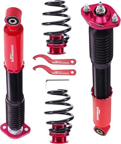 maxpeedingrods قطعتان من اللفائف الخلفية لسيارة BMW E46 1998-2007، طقم تعليق كويلوفيرز قابل للتعديل بـ 24 مستوى، دعامات امتصاص الصدمات قابلة للضبط على الارتفاع، مجموعة خفض باللون الأحمر in Kuwait