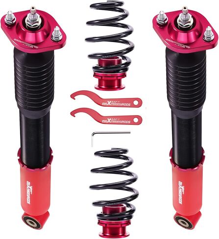 maxpeedingrods قطعتان من اللفائف الخلفية لسيارة BMW E46 1998-2007، طقم تعليق كويلوفيرز قابل للتعديل بـ 24 مستوى، دعامات امتصاص الصدمات قابلة للضبط على الارتفاع، مجموعة خفض باللون الأحمر in Kuwait