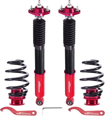 maxpeedingrods قطعتان من اللفائف الخلفية لسيارة BMW E46 1998-2007، طقم تعليق كويلوفيرز قابل للتعديل بـ 24 مستوى، دعامات امتصاص الصدمات قابلة للضبط على الارتفاع، مجموعة خفض باللون الأحمر in Kuwait