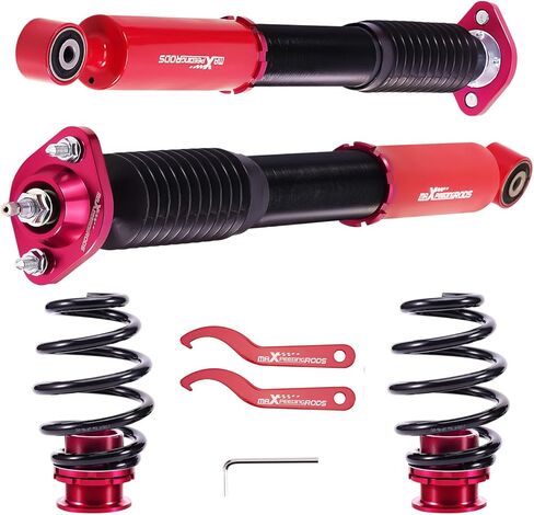 maxpeedingrods قطعتان من اللفائف الخلفية لسيارة BMW E46 1998-2007، طقم تعليق كويلوفيرز قابل للتعديل بـ 24 مستوى، دعامات امتصاص الصدمات قابلة للضبط على الارتفاع، مجموعة خفض باللون الأحمر in Kuwait
