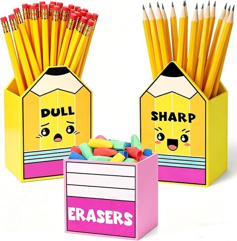 Sharp and Dull Pencil Holder for Classroom, 3 Pcs Wooden Organizer with Eraser Bucket, No Assembly Required, Teacher Must Haves, Back to School in Saudi Arabia