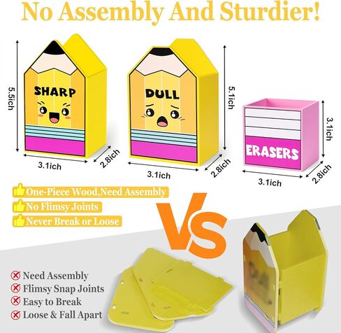 Sharp and Dull Pencil Holder for Classroom, 3 Pcs Wooden Organizer with Eraser Bucket, No Assembly Required, Teacher Must Haves, Back to School in Saudi Arabia