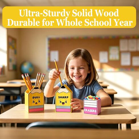 Sharp and Dull Pencil Holder for Classroom, 3 Pcs Wooden Organizer with Eraser Bucket, No Assembly Required, Teacher Must Haves, Back to School in Saudi Arabia