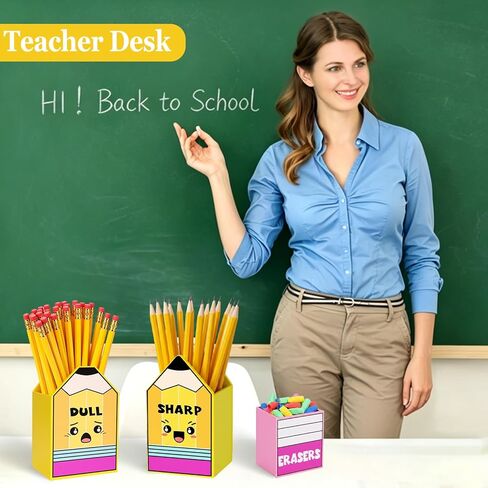 Sharp and Dull Pencil Holder for Classroom, 3 Pcs Wooden Organizer with Eraser Bucket, No Assembly Required, Teacher Must Haves, Back to School in Saudi Arabia