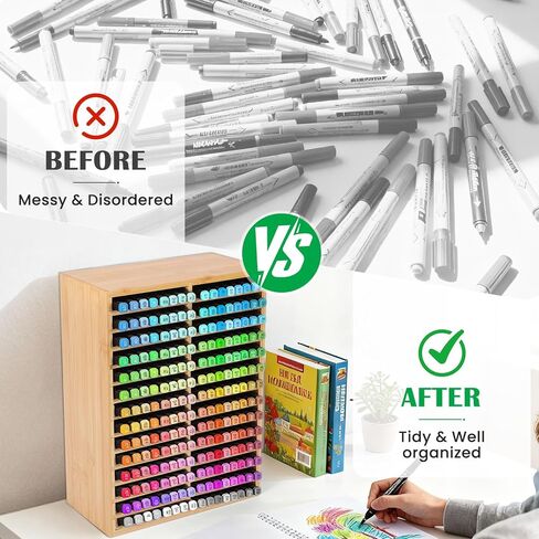 Bamboo Marker Organizer for 224 Markers, Alcohol Marker Storage Organizer with 28 Compartments, Desktop Marker Holder for Art Markers, Brush Pens, Pencils in Saudi Arabia